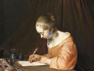 Borch detail, girl writing with quill
