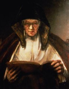 detail from Rembrandt painting of old woman reading